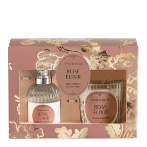 coffret parfum d ambiance et bougie parfumee tresor de fleurs rose elixir