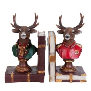 serre livres set de 2 14x13x18 cm marron rouge polyresine cerf porte livres